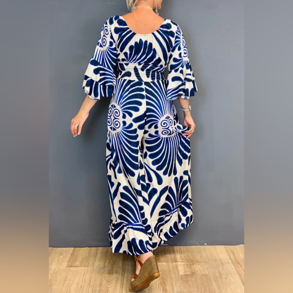 NWT Blue and White Patterned Jumpsuit S O7 - Picture 2 of 3